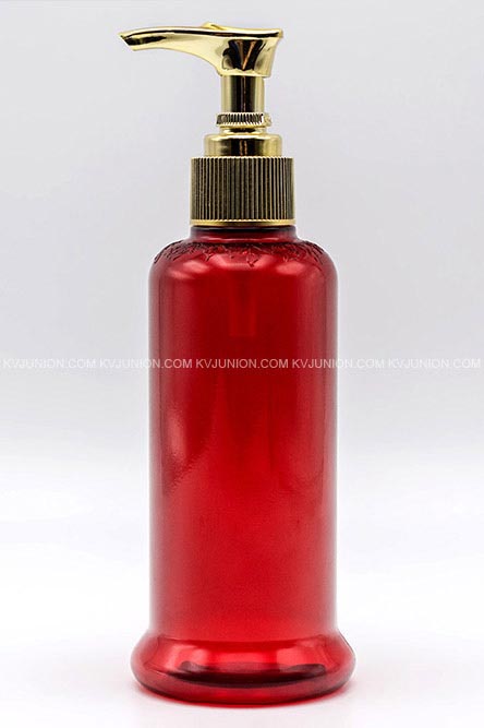ขวดปั๊มครีมสีแดงใส แกะลายใบไม้นูนบนบ่าขวด (Bottle with Pattern Emboss)